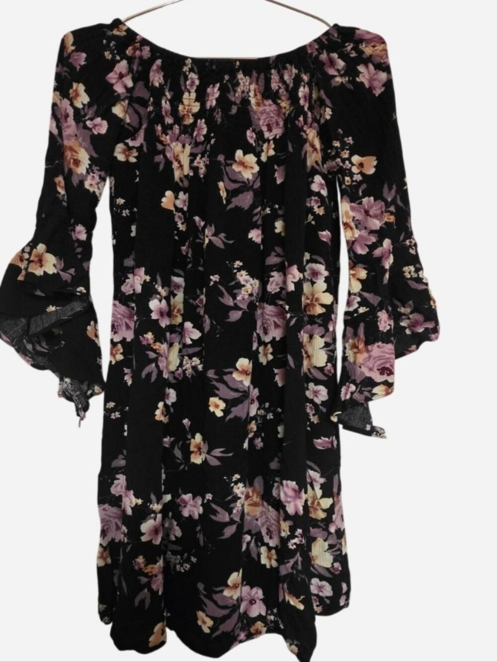 Women's Black Floral Off-Shoulder Top - Pink & Purple Flowers